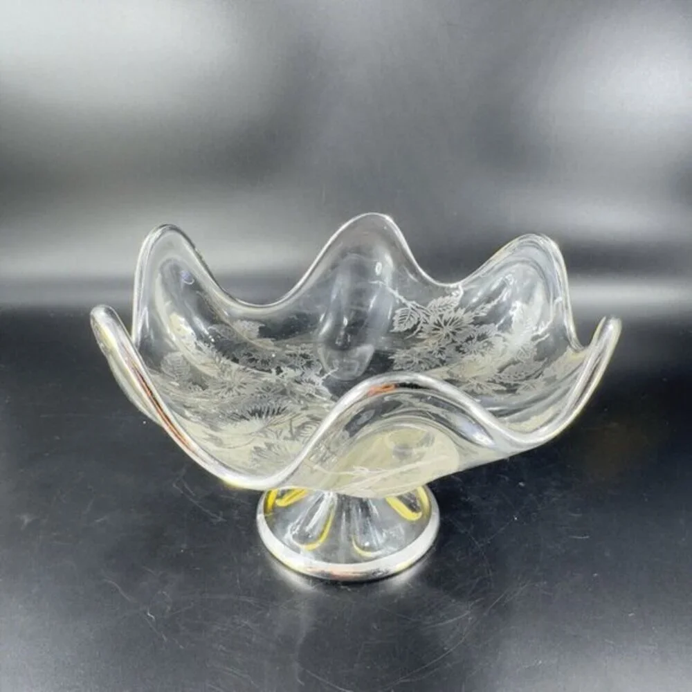 Vintage Viking Clear Footed Dish Bowl With Silver Overlay Flowers Pattern‎ VTG